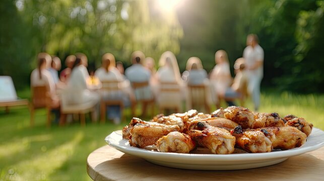 Delicious grilled chicken wings served at an outdoor gathering in a lush green setting during sunset with friends and family enjoying their time together - Powered by Adobe