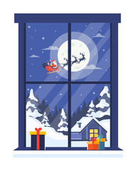 Santa Claus delivering gifts in his reindeer-pulled sleigh high in the dark night sky, viewed from a cozy window.