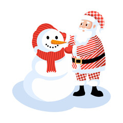 Santa Claus building a snowman.Illustration with transparent background.