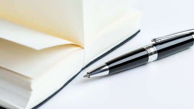 Open blank notebook with elegant black pen on white background for writing or planning