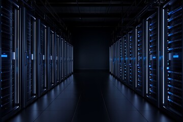 Modern data center with server racks and dark moody atmosphere