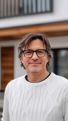 Fototapeta premium Man Smiles Warmly While Standing Outside a Modern Home on a Sunny Day