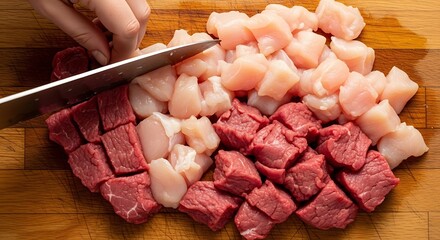 Closeup of hand cutting diced beef and chicken on a wooden cutting board preparing ingredients for a delicious and healthy meal, cooking at home