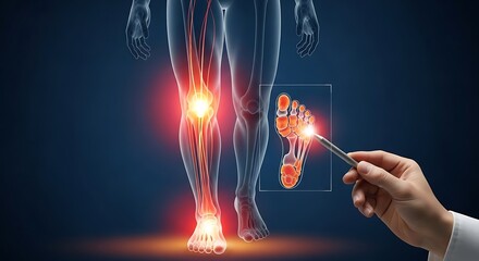 A human body with highlighted pain points in the leg and foot, indicating potential injuries or medical conditions, with a hand pointing