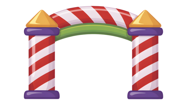 Whimsical candy cane archway with festive pillars, perfect for holiday events, parties, or playful celebrations