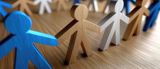 Wooden figures in diverse colors representing unity and teamwork on a wooden surface during a creative art project indoors