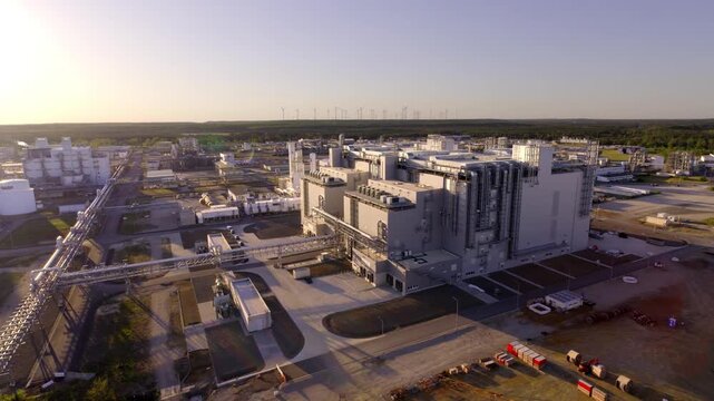 Drone flight over BASF Schwarzheide during nice sunset,The drone flies over a large industrial complex. Warm evening light highlights pipes, structures.BASF Schwarzheide 