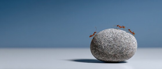 Close-up view of ants climbing a smooth stone on a clean surface with a blue background in a well-lit setting during the day