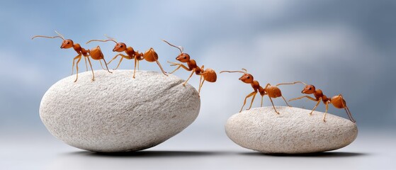Ants marching over smooth stones during daylight, showcasing teamwork and persistence in a natural setting