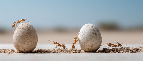 Ants exploring eggs in a sandy environment under clear skies during the day