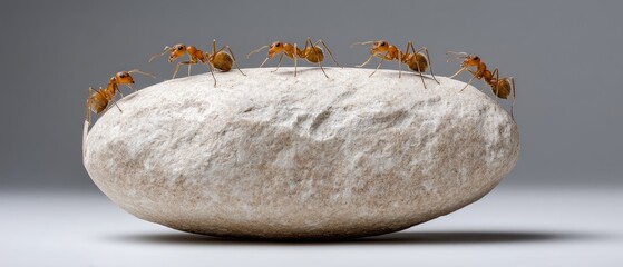 Ants marching over a smooth, large rock in a close-up view in a natural setting during daylight hours