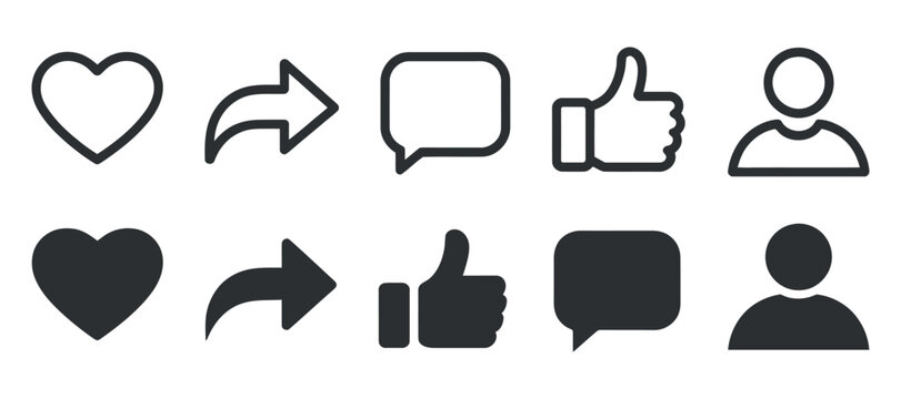 Social media icon set for like share comment friend follow vector isolated user interface app icon clean composition 120 characters