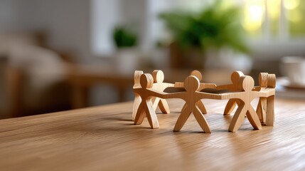 Wooden figures of people holding hands in unity on a table in a bright and cozy indoor space