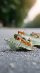 Ants carry leaves along a park pathway during the late afternoon in a natural setting