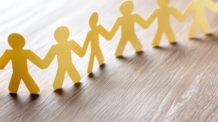 Colorful cutouts of paper figures holding hands on a wooden surface representing unity and friendship in a creative craft activity