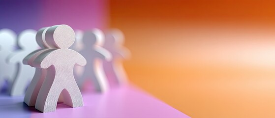 Wooden figures stand together on a colorful surface in a creative setting reflecting teamwork and cooperation during a bright afternoon