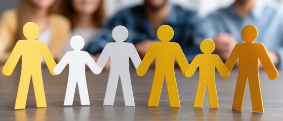 Figures representing diverse teamwork and collaboration in an office setting during a brainstorming session among colleagues