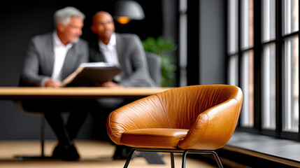 Open plan office interaction with two coworkers discussing near large window for workplace collaboration and teamwork dynamics