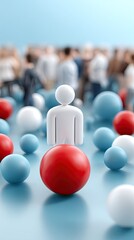 Small white figures surrounded by colorful spheres representing individuals in a diverse crowd focusing on connection and interaction in a gathering