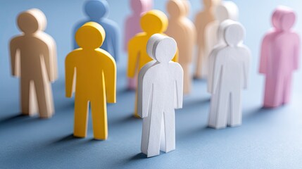 Colorful wooden figures represent a diverse group gathered together on a blue surface in a creative display of unity and connection