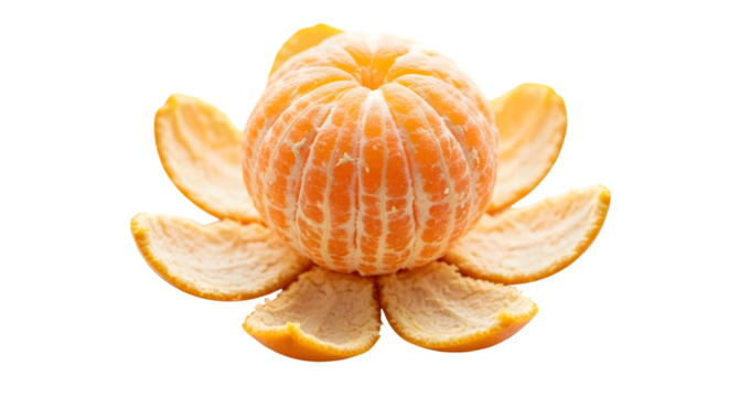 Peeled mandarin orange with segments unfurled like petals