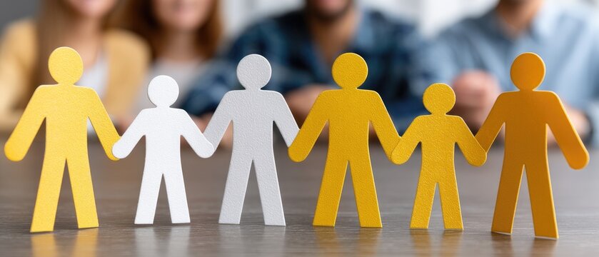 Figures representing diverse teamwork and collaboration in an office setting during a brainstorming session among colleagues