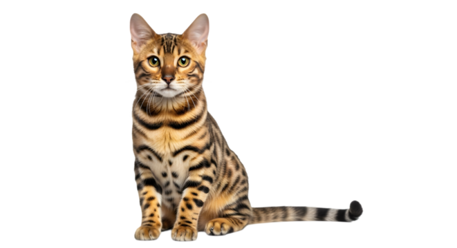 Majestic bengal cat sitting proudly against a black background