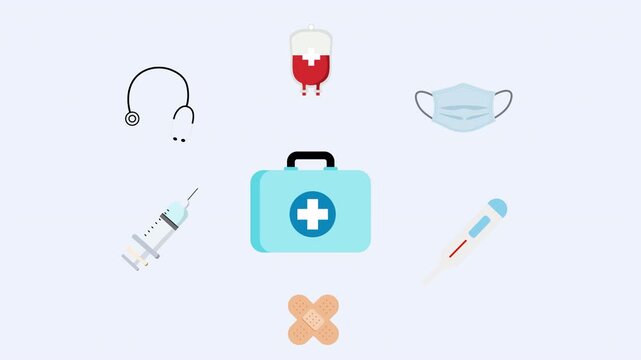Animated Medical and Healthcare Icons with First Aid Kit.