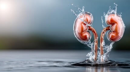 Unique visual of human kidneys emerging from water with dynamic splashes, showcasing the importance of organ health in a serene environment