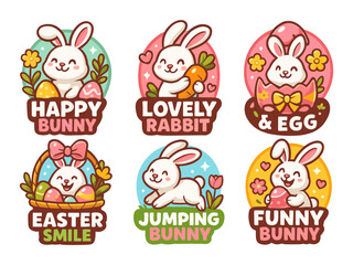 Fototapeta premium Cute bunny easter badges, rabbit spring stickers