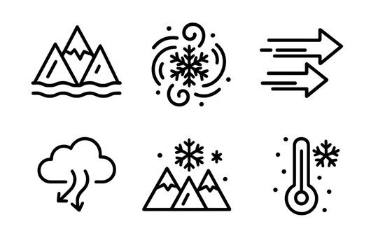 Arctic Climate Icons. Arctic Cold Front linear icon set: frozen landscape, snowflake swirl, wind arrows, polar air, mountain frost, low temperature gauge.