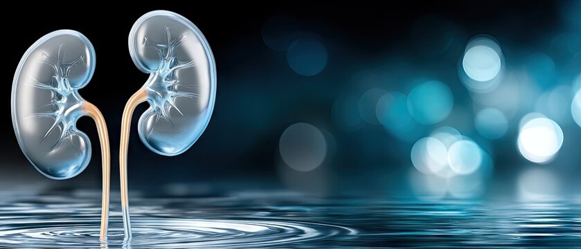 Conceptual art of human kidneys illustrating organ health and function against a tranquil blue background with shimmering water reflections