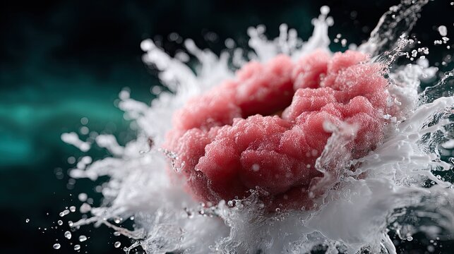 Colorful splash of red foam creates dynamic motion in dark water scene with vivid turquoise background