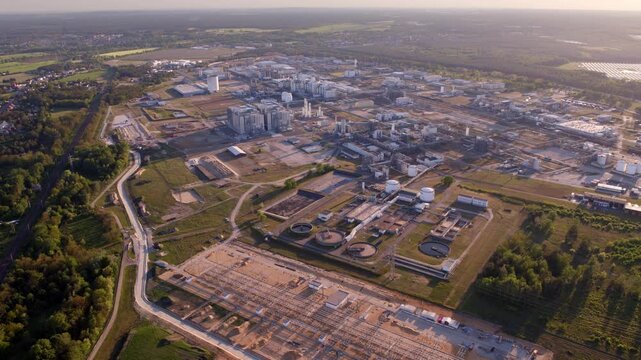 Drone flight over BASF Schwarzheide during nice sunset