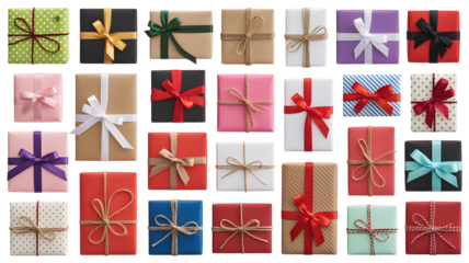Beautifully wrapped gift boxes with vibrant ribbons and bows, perfect for any celebration or special occasion surprise.