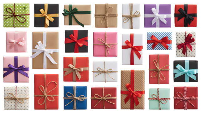 Beautifully wrapped gift boxes with vibrant ribbons and bows, perfect for any celebration or special occasion surprise.