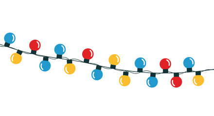 Festive string of multi-colored lights with red, blue, and yellow bulbs illuminated against a pure white background, ready for celebration.