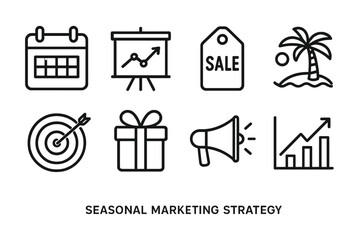 Strategic Marketing Icons. Seasonal Marketing Strategy linear icon set: calendar page, marketing board, sale label, holiday icon, target arrow, festive gift, megaphone, upward