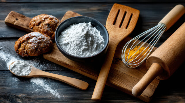 Rustic kitchen flat lay on a black wooden surface with a bowl of flour, wooden spoons and a whisk — clean menu header with copy space.