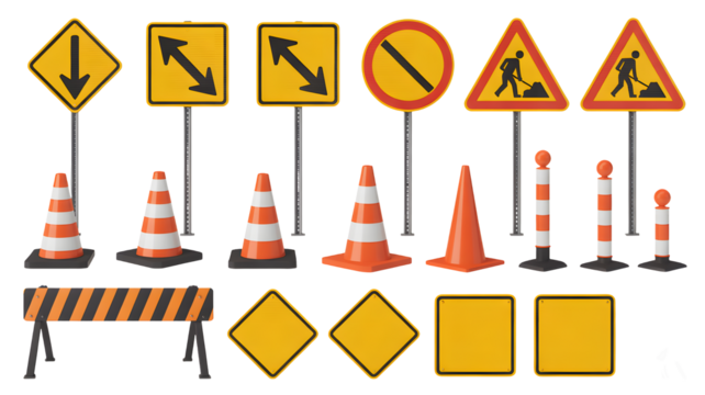 Essential construction zone safety equipment set with traffic cones, signs, and barriers for roadwork and hazard management