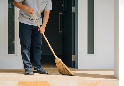 Diligent professional cleaner meticulously sweeping the outdoor patio of a modern building entrance, ensuring a spotless and welcoming environment for visitors or residents