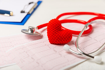 Medical stethoscope, red heart, and cardiogram on a color background. ECG, Heart wave, heart attack, cardiogram report. Cardiogram pulse trace and heart concept. Healthcare.Space for text