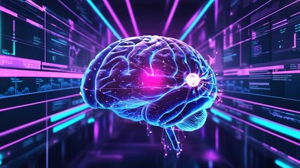 A glowing brain in a futuristic digital environment with neon lights - Powered by Adobe
