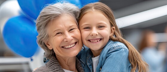 Happy grandmother and granddaughter sharing a warm hug with blue balloons in a celebration setting filled with joy and love