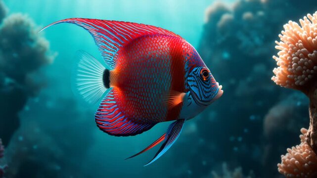 A vibrant discus fish swims in a coral reef with blue water background