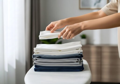 Hands folding neatly stacked clean white and navy blue linens on a surface, suggesting tidiness and organization in a domestic setting