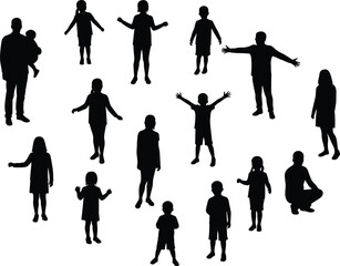 Silhouette of children playing together in outdoor group activity, happy kids enjoying childhood freedom and friendship in black outline