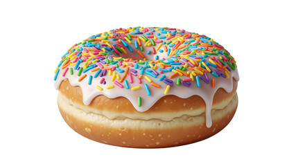 Delicious frosted donut with colorful sprinkles isolated on transparent background