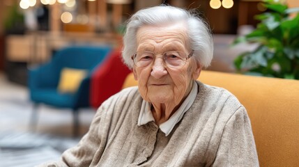 Elderly woman with gentle smile relaxing on a cozy couch in a stylish common area of a retirement home during daylight hours