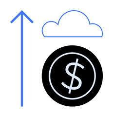 Upward arrow, cloud, and dollar coin represent financial growth, digital storage, and cloud-based transactions. Ideal for wealth management, fintech, innovation, data storage online banking future